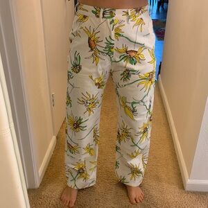 High-Rise Floral Print Women's Jeans - White/Yellow